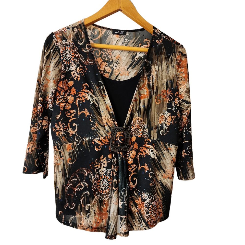 Ashley Jill -  L / XL Petite Blouse - Flower / Black with Buckle‎ - Sparkles